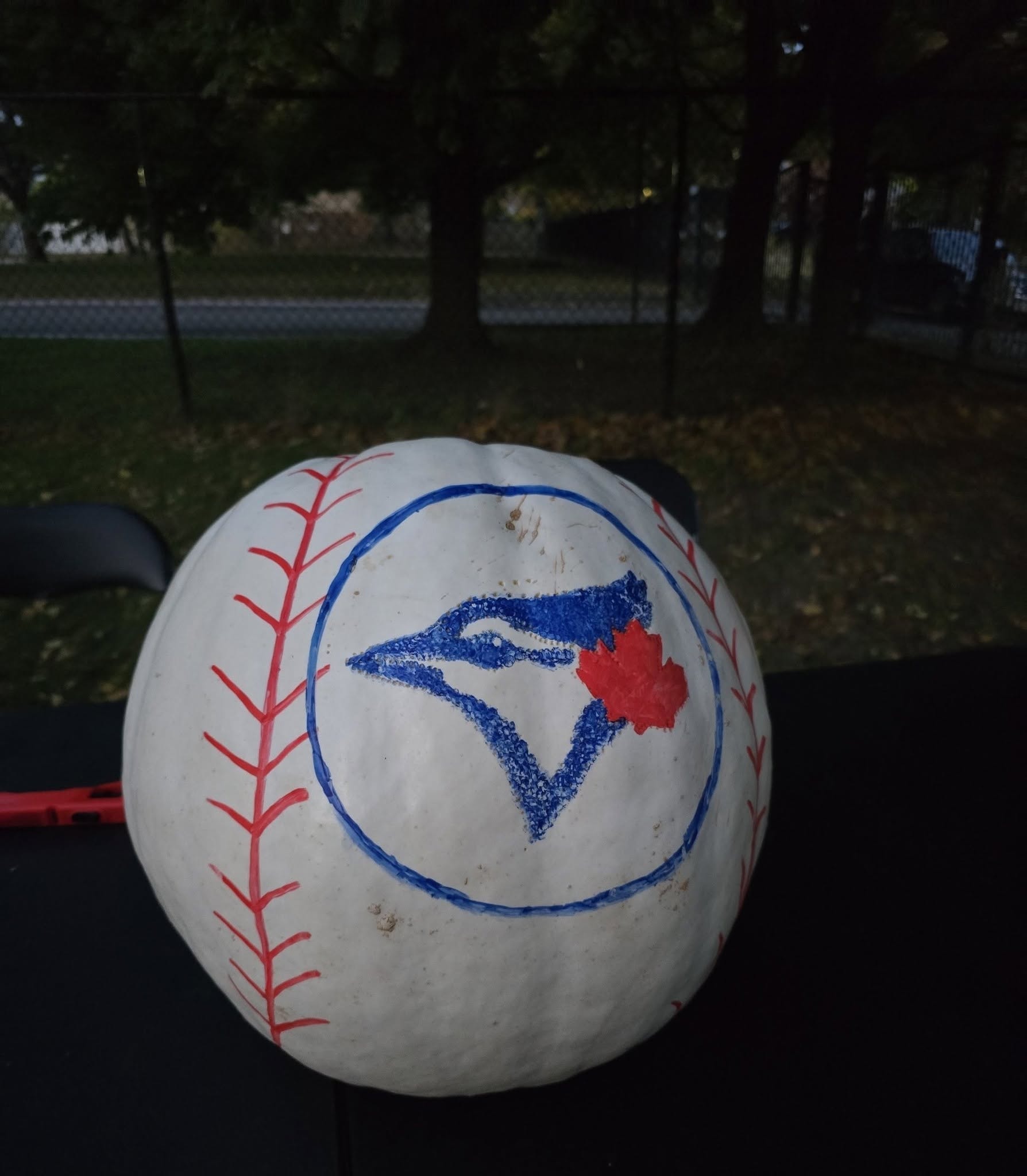 A creative white pumpkin painted as a Toronto Blue Jays baseball at the Sherway Pumpkin Walk
